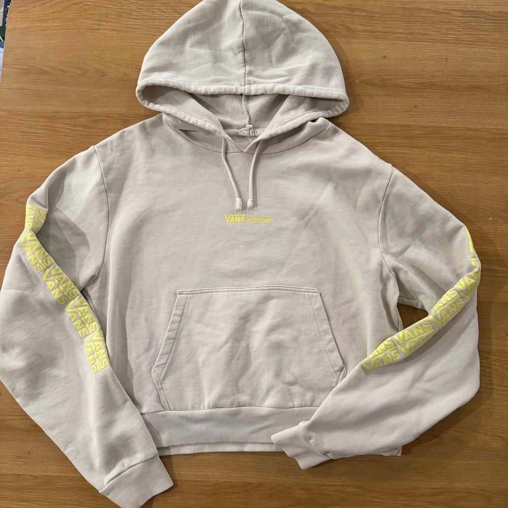 Vans‎ Cropped Hoodie Pullover Beige Yellow Logo Graphic Sweatshirt Women XL